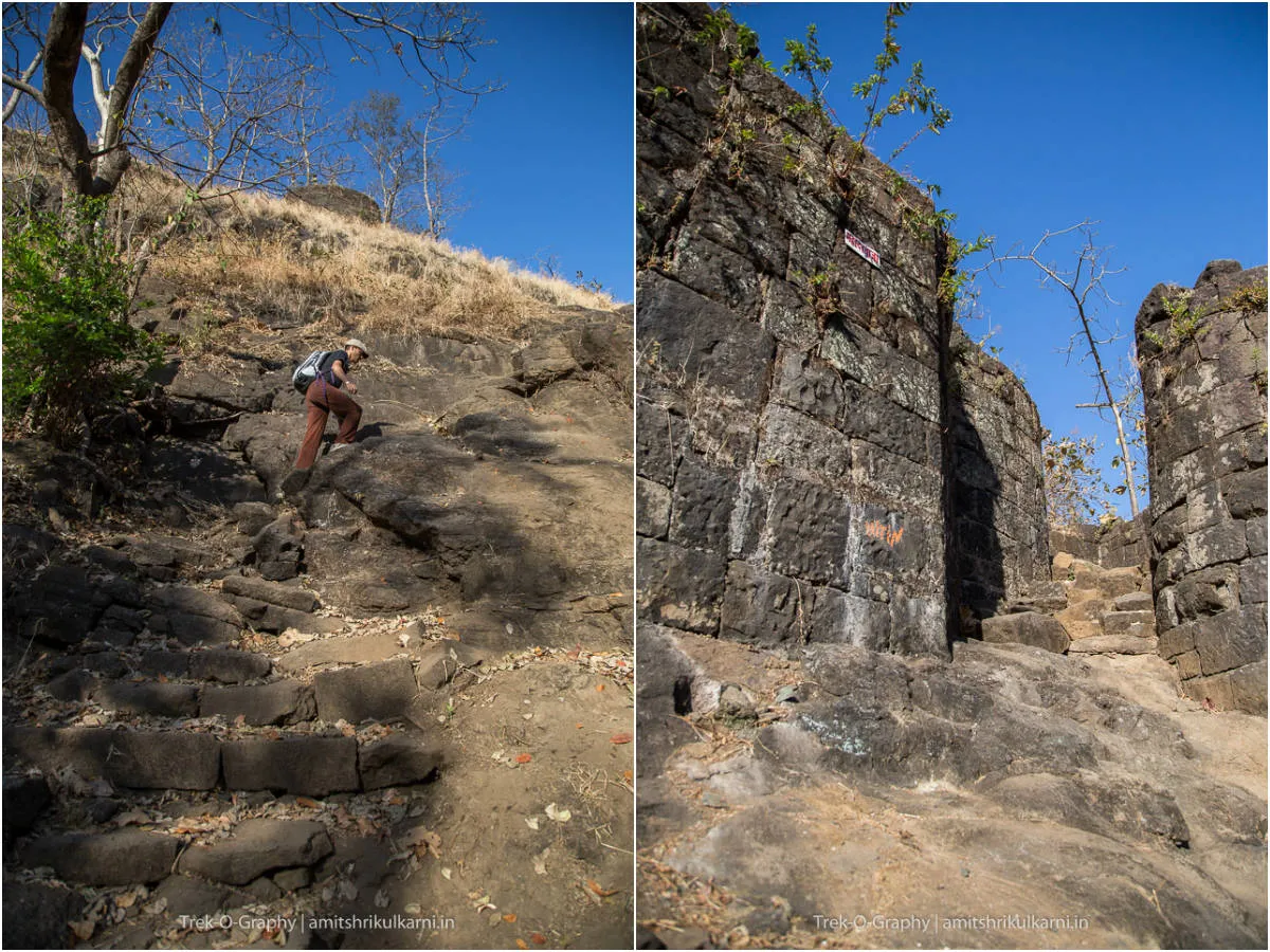 मानगडच्या खोदीव पायऱ्या आणि उध्वस्त प्रवेशद्वार